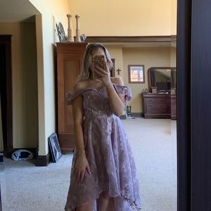 lace off the shoulder blush dress